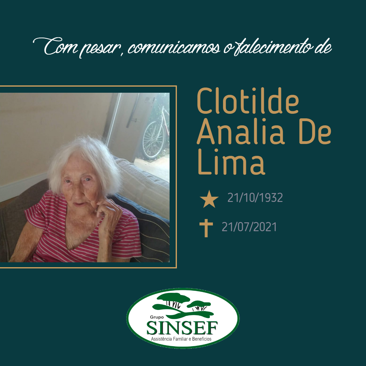 Com pesar, o Grupo Sinsef se despede da Sra. Clotilde Analia de Lima