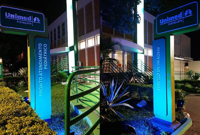 Hospital São Paulo - Unimed Araraquara ilumina sua fachada de azul, cor símbolo do Dia Mundial do AVC