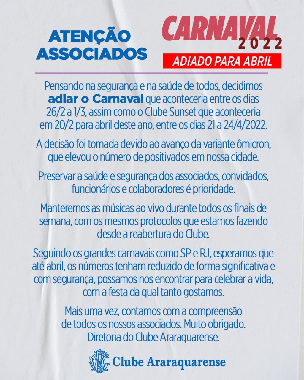 Comunicado : Cancelamento Carnaval 2022!