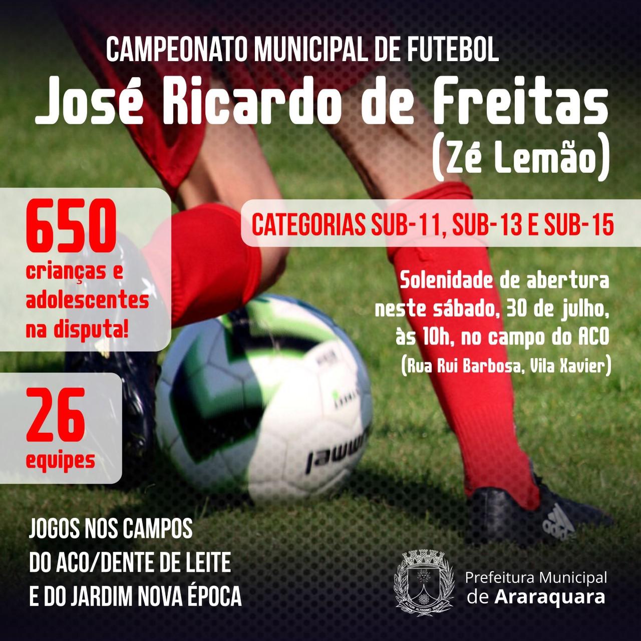 Campeonato Municipal Sub-11, Sub-13 e Sub-15 2022 promovido pela Prefeitura levará o nome de José Ricardo de Freitas, o Zé Lemão.