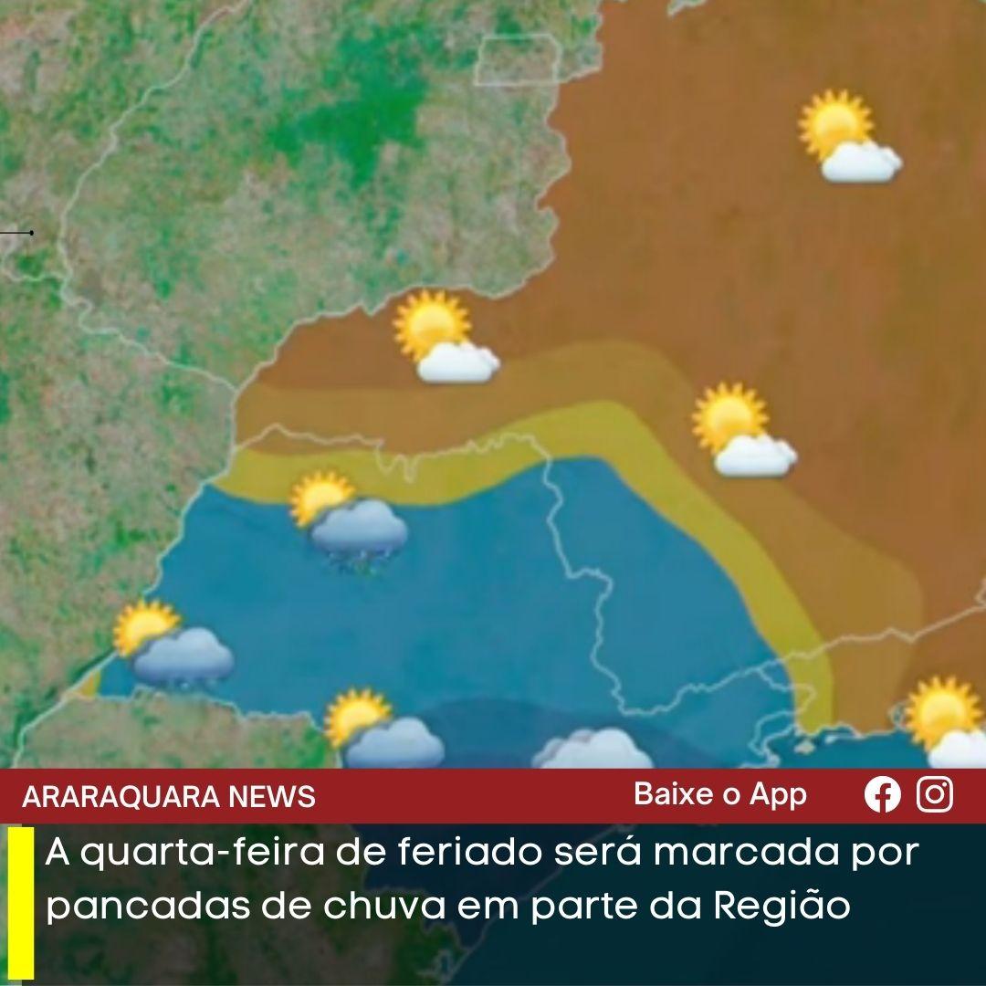 A quarta-feira de feriado será marcada por pancadas de chuva em parte da Região