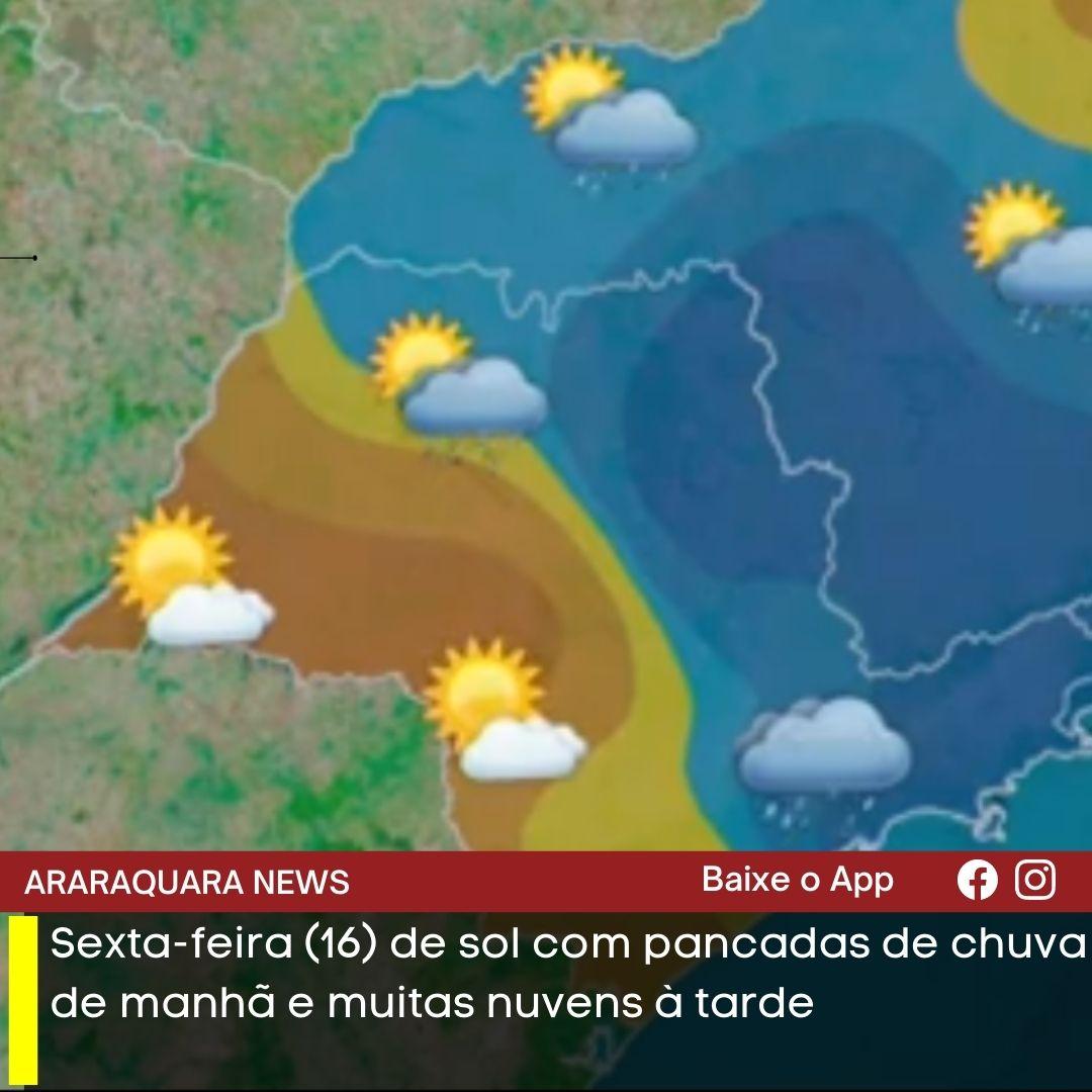 Sexta-feira (16) de sol com pancadas de chuva de manhã e muitas nuvens à tarde