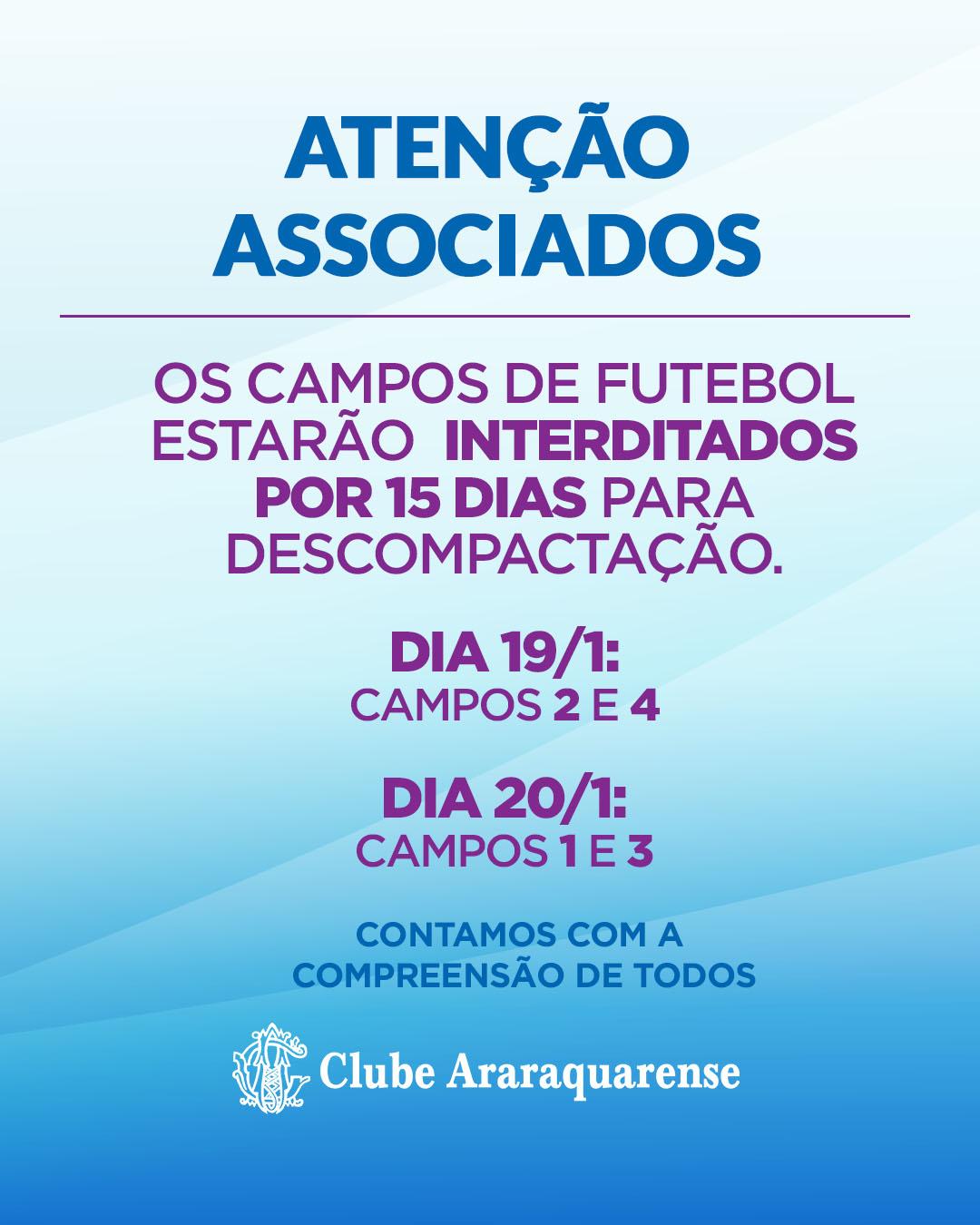 Comunicado -  Os campos de futebol estarão INTERDITADOS POR 15 DIAS para descompactação.