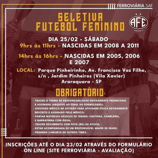 CATEGORIAS DE FORMAÇÃO FEMININA DA FERROVIÁRIA ABRE INSCRIÇÃO PARA AVALIAÇÃO!