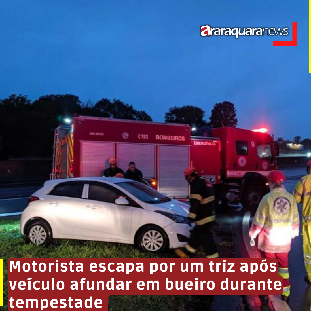 Motorista escapa por um triz após veículo afundar em bueiro durante tempestade