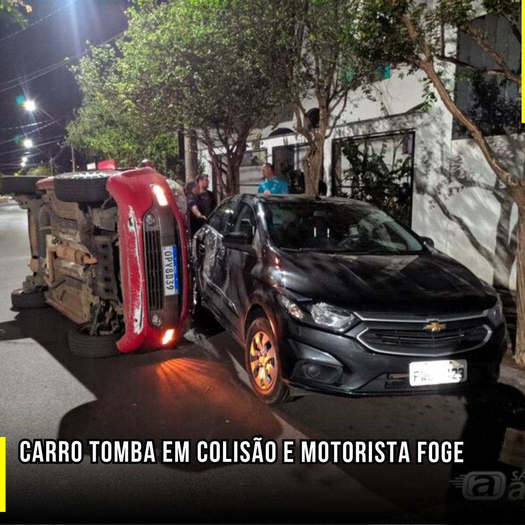 Carro tomba em colisão e motorista foge
