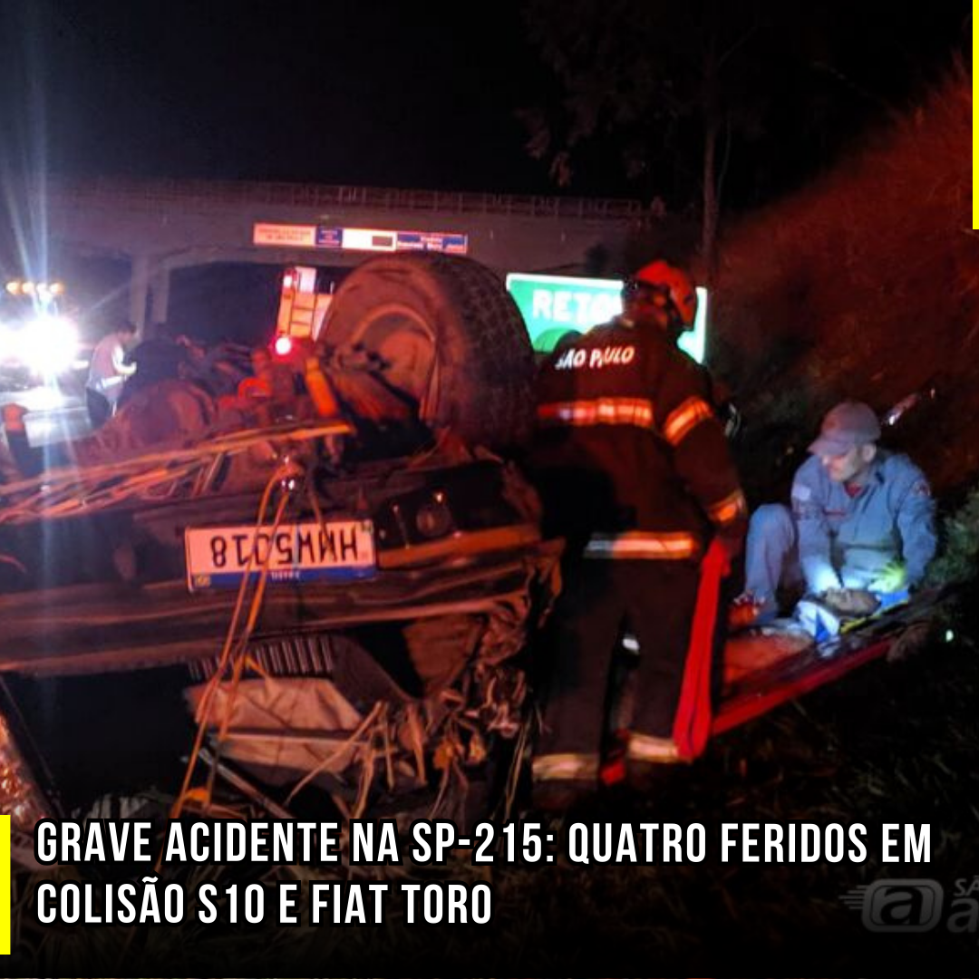 Grave acidente na SP-215: Quatro feridos em colisão S10 e Fiat Toro