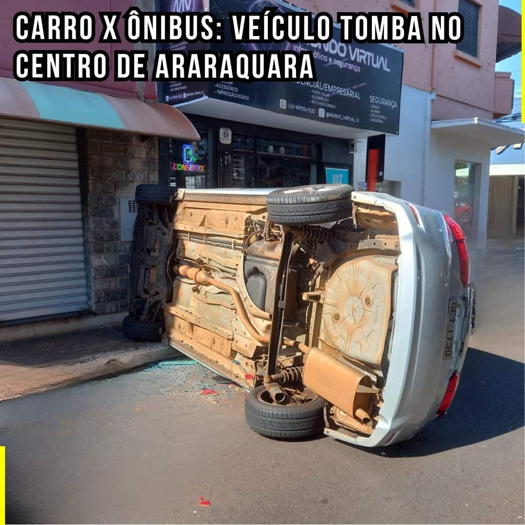 Colisão entre Carro e Ônibus: Veículo Tomba no Centro de Araraquara
