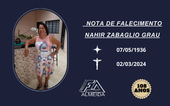 COMUNICAMOS O FALECIMENTO DA SRA.NAHIR ZABAGLIO GRAU