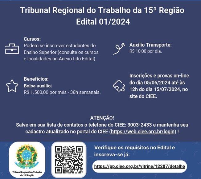 VAGA DE ESTÁGIO TRT 15 - Tribunal Regional do Trabalho da 15ª Região