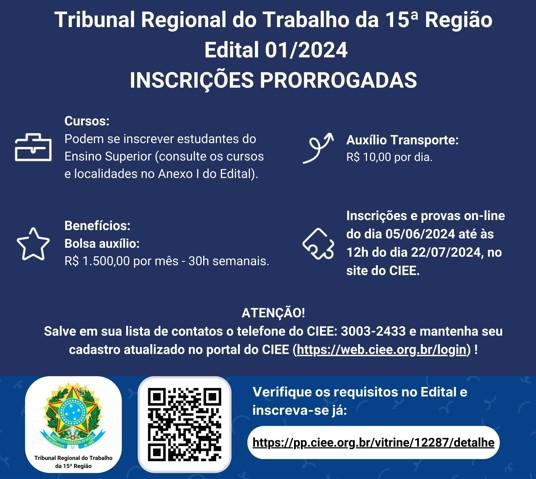 VAGA DE ESTÁGIO NO TRIBUNAL REGIONAL DO TRABALHO 15ª REGIÃO