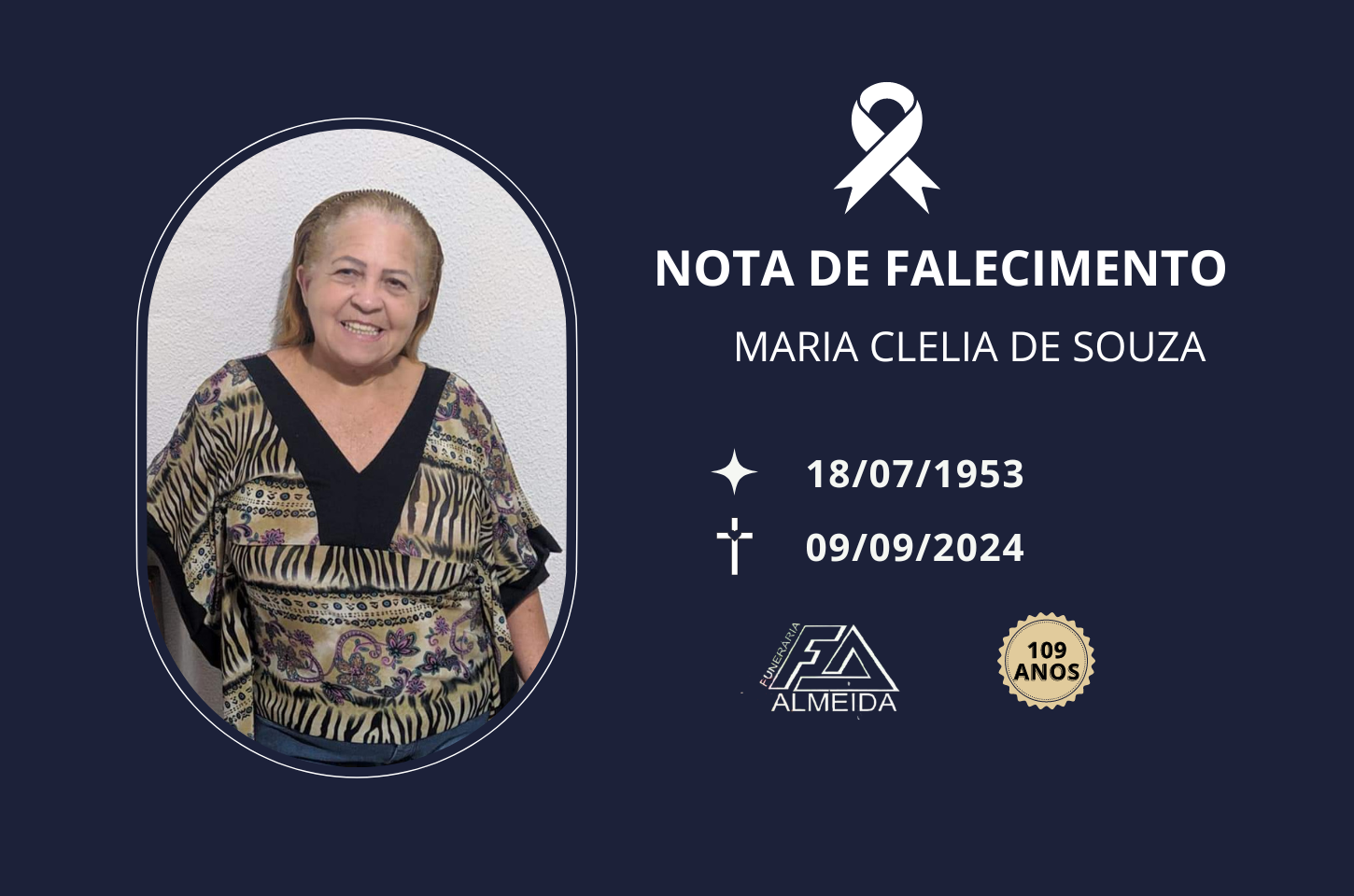 COMUNICAMOS O FALECIMENTO DA SRA.MARIA CLELIA DE SOUZA