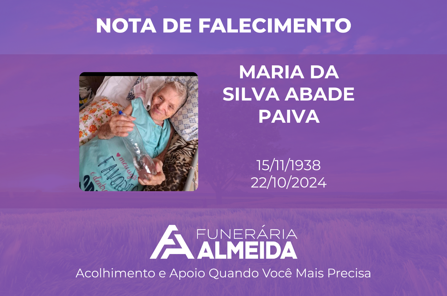 COMUNICAMOS O FALECIMENTO DA SRA.MARIA DA SILVA ABADE PAIVA