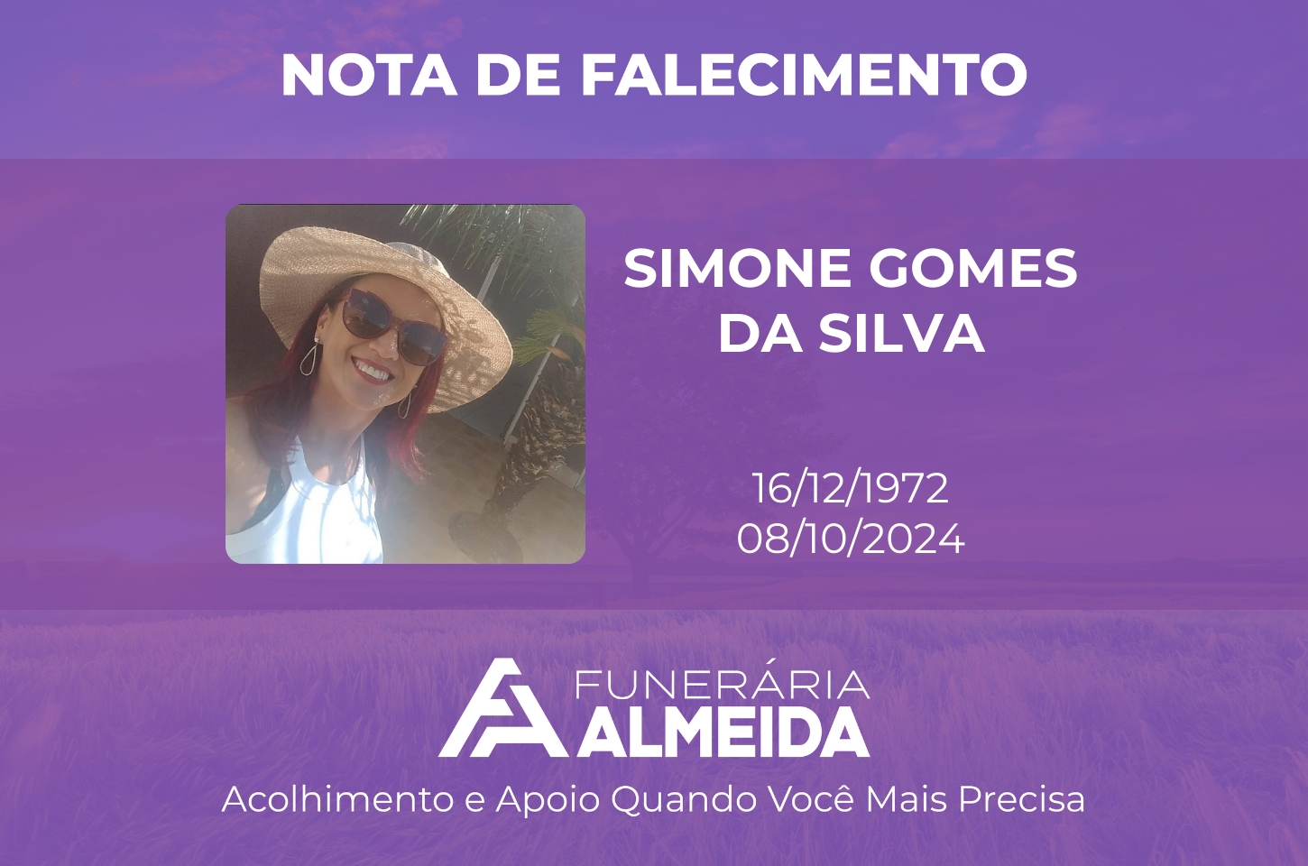 Funerária Almeida comunica o falecimento da SRA. SIMONE GOMES DA SILVA