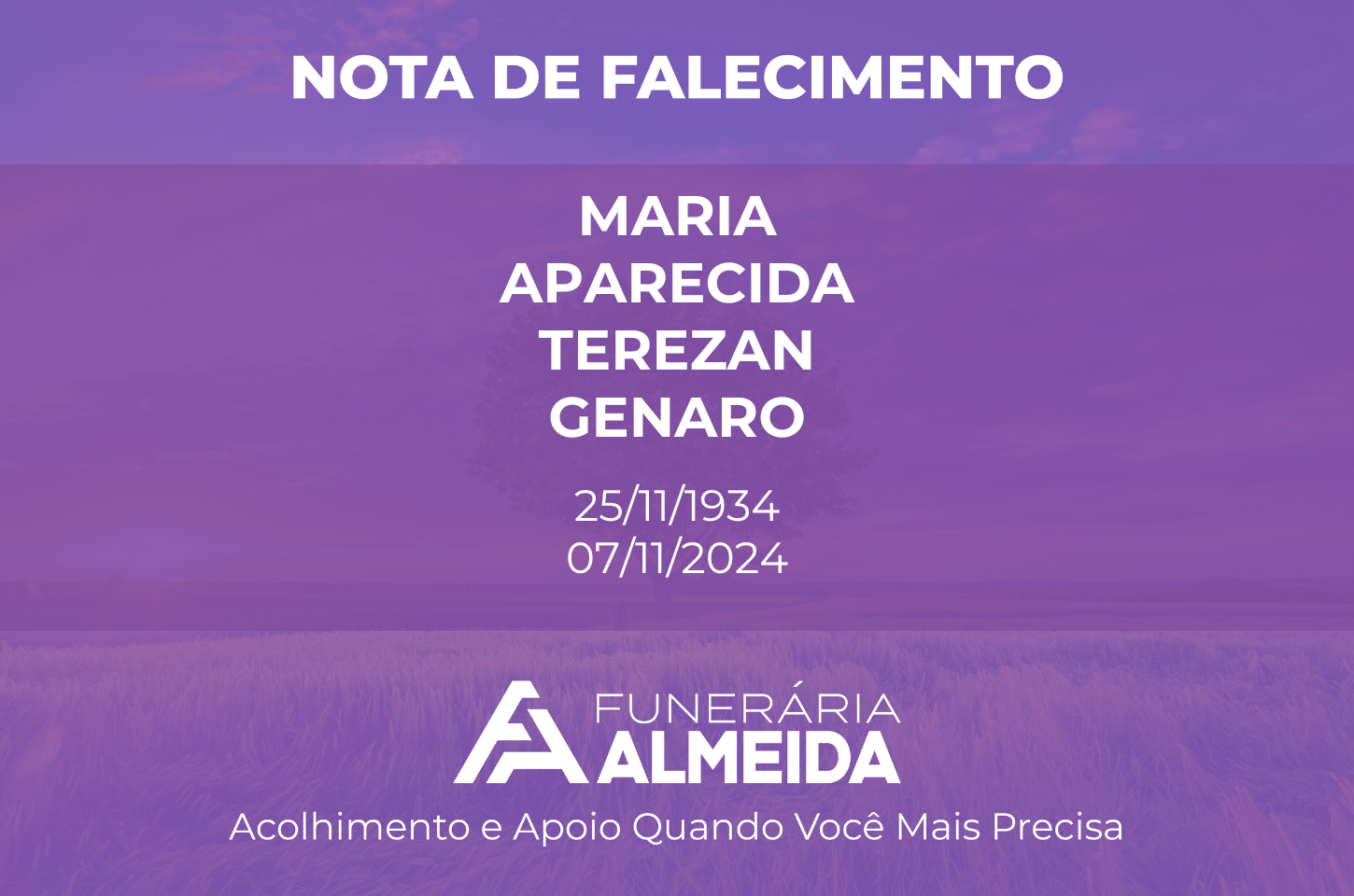 Funerária Almeida comunica o falecimento da SRA. MARIA APARECIDA TEREZAN GENARO