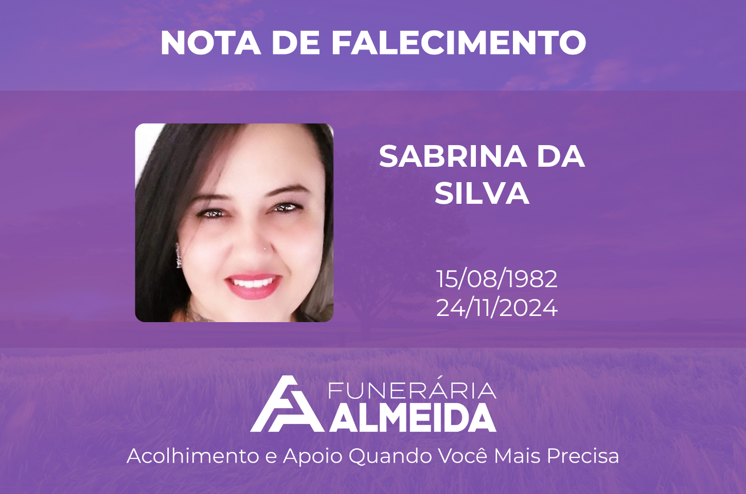 Funerária Almeida comunica o falecimento da SRA. SABRINA DA SILVA