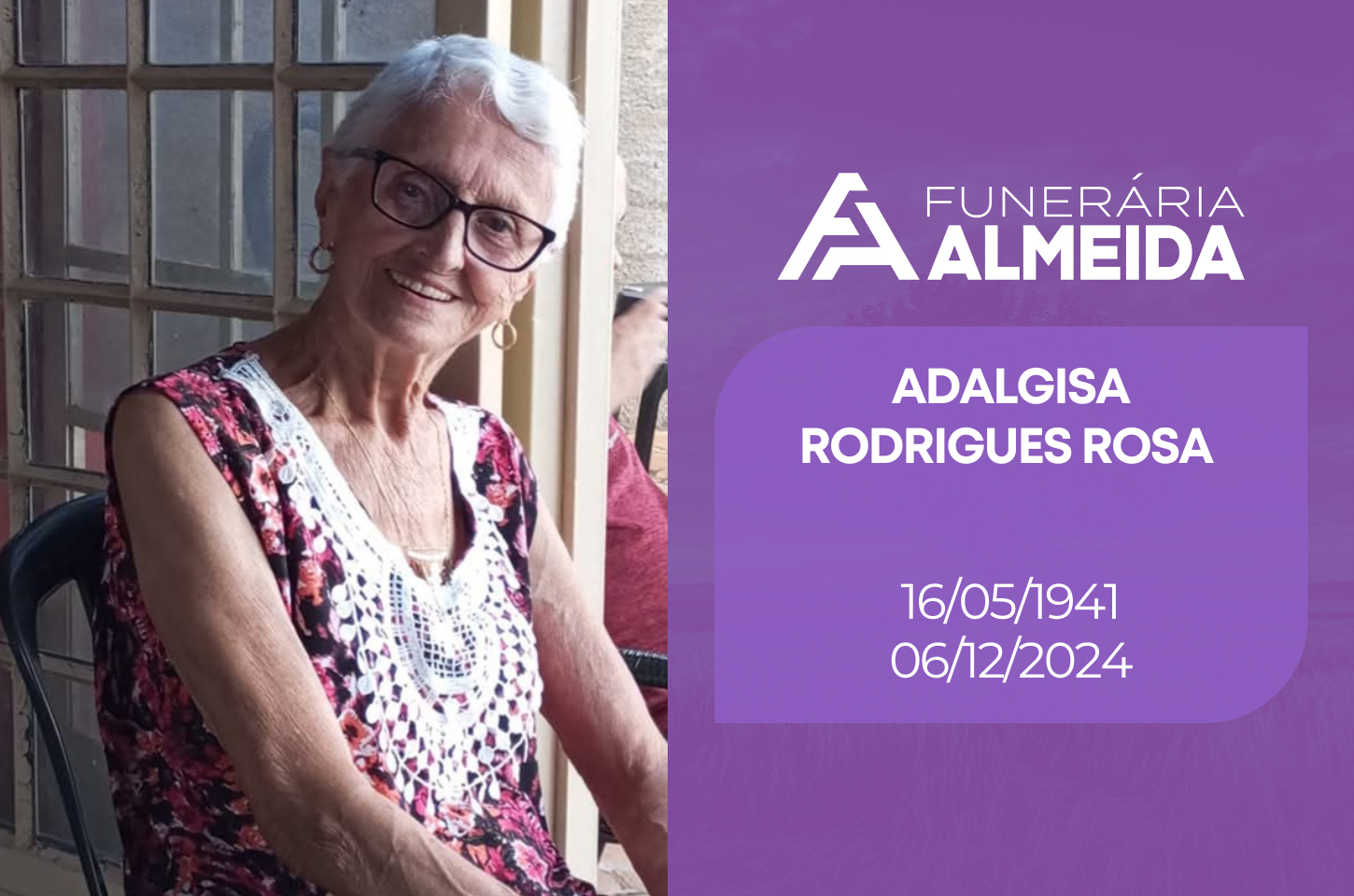 Funerária Almeida comunica o falecimento da SRA. ADALGISA RODRIGUES ROSA