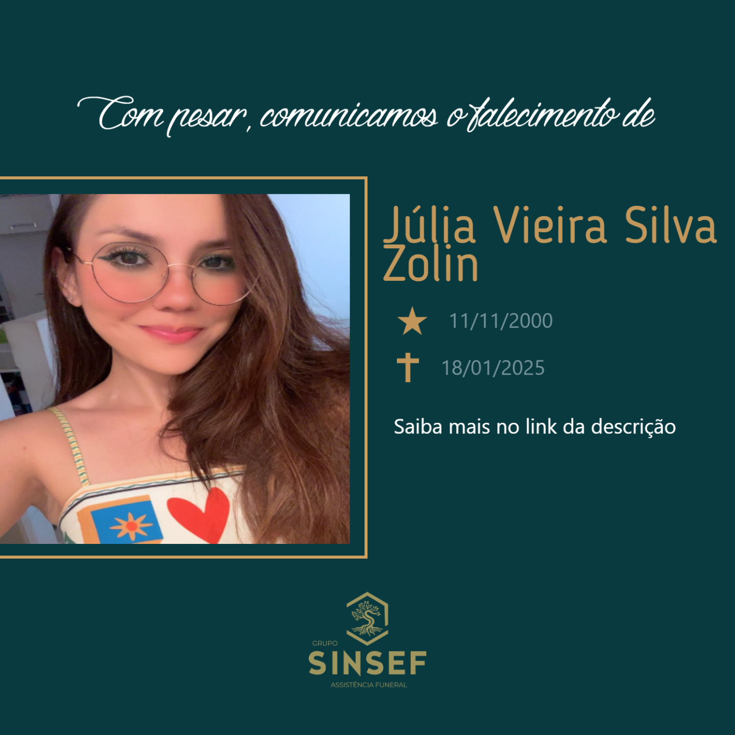 O Grupo Sinsef se despede de Julia Vieira Silva Zolin.