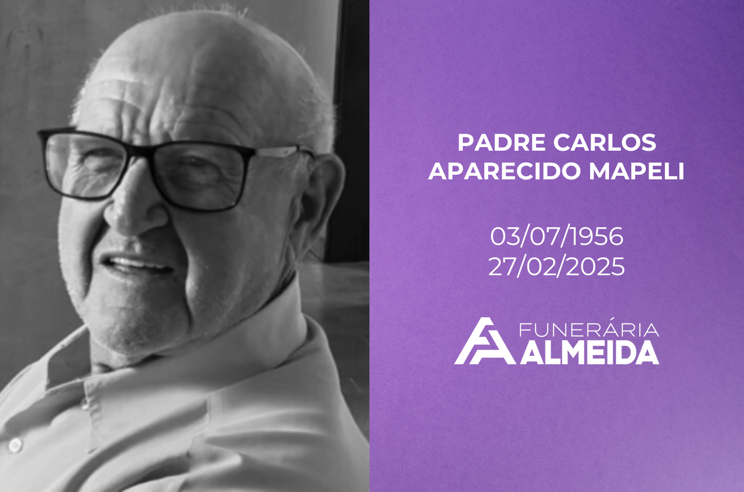 Comunicamos o falecimento do Padre CARLOS APARECIDO MAPELI
