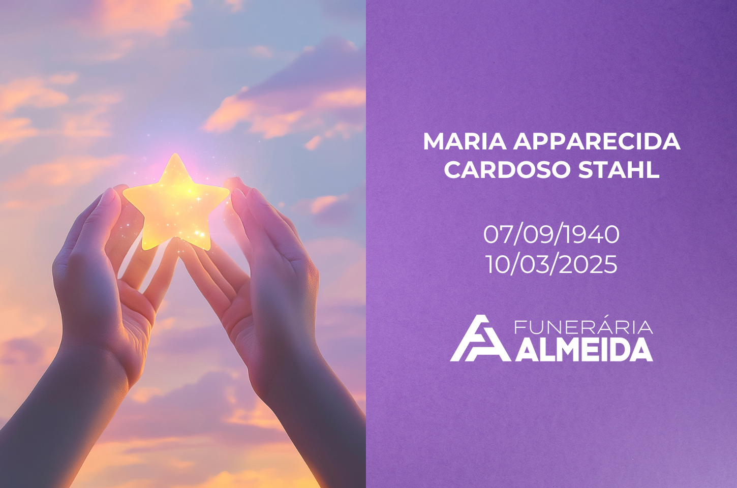 Comunicamos o falecimento da SRA. MARIA APPARECIDA CARDOSO STAHL