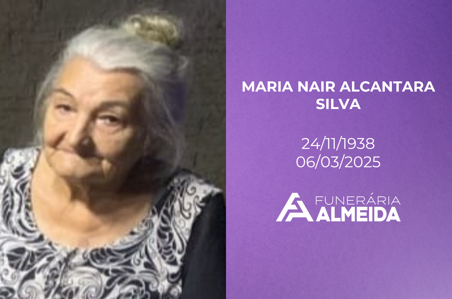 Funerária Almeida comunica o falecimento da SRA. MARIA NAIR ALCANTARA SILVA