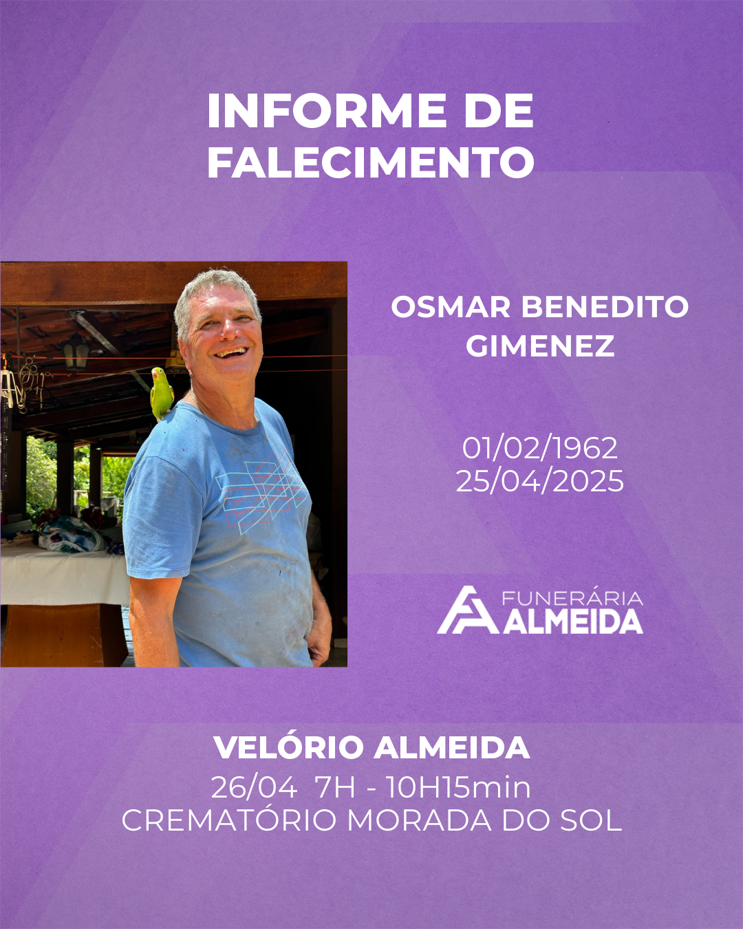 COMUNICAMOS O FALECIMENTO DO SR. OSMAR BENEDITO GIMENEZ