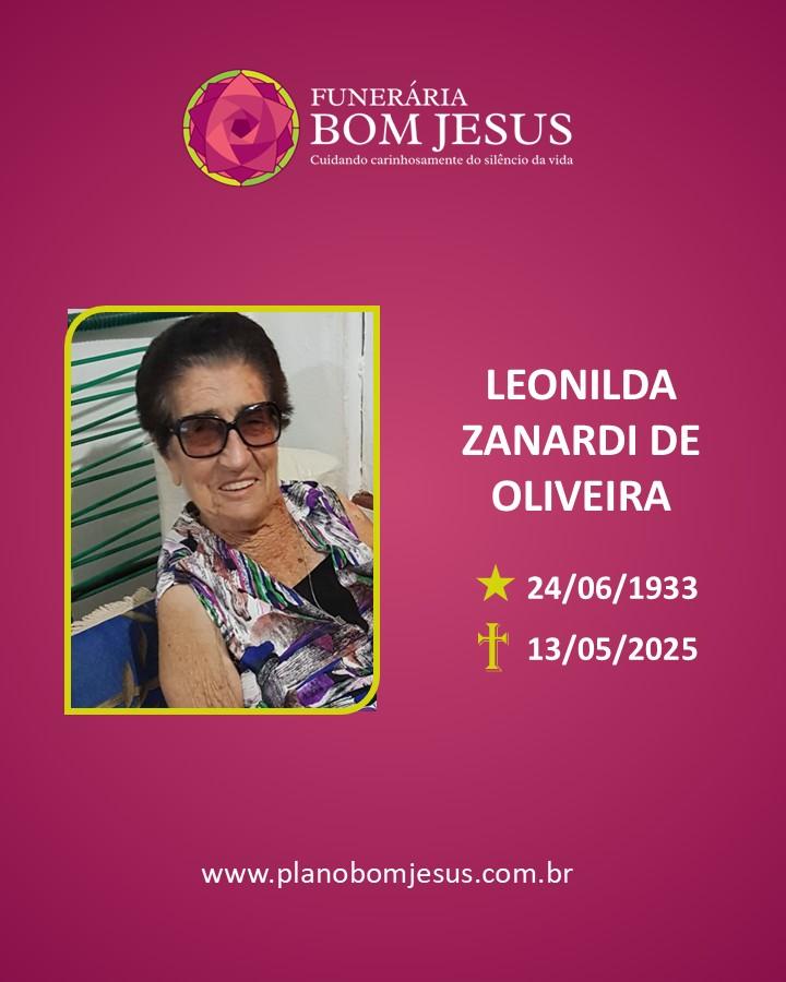 A Funerária Bom Jesus comunica o falecimento da Sra LEONILDA ZANARDI DE OLIVEIRA