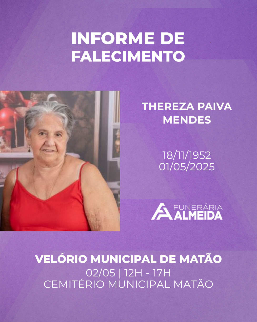 COMUNICAMOS O FALECIMENTO DA SRA. THEREZA PAIVA MENDES