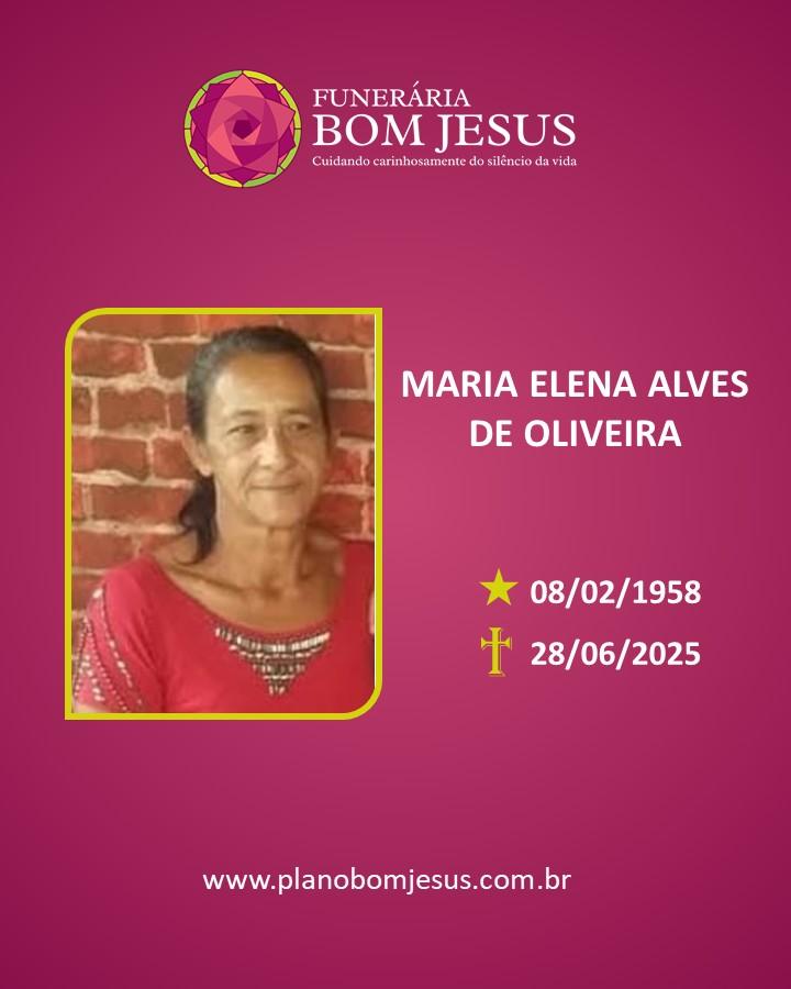 A Funerária Bom Jesus comunica o falecimento da Sra. MARIA ELENA ALVES DE OLIVEIRA.