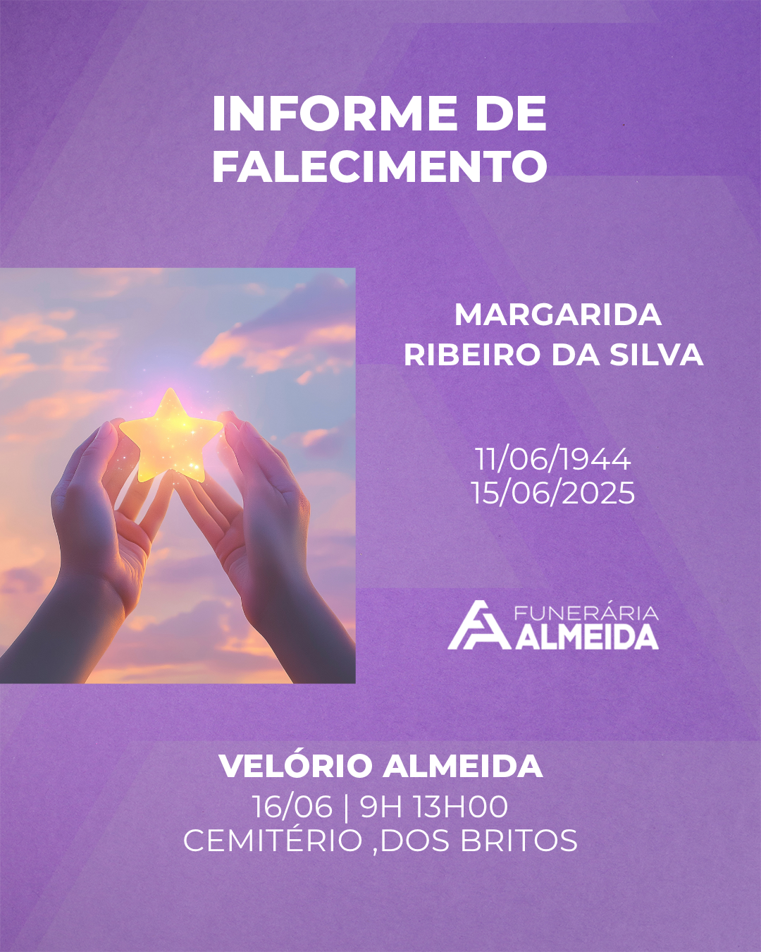 Comunicamos o falecimento da SRA. MARGARIDA RIBEIRO DA SILVA