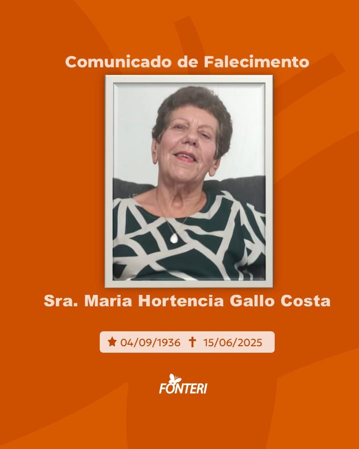 Comunicamos o falecimento da Sra. Maria Hortencia Gallo Costa