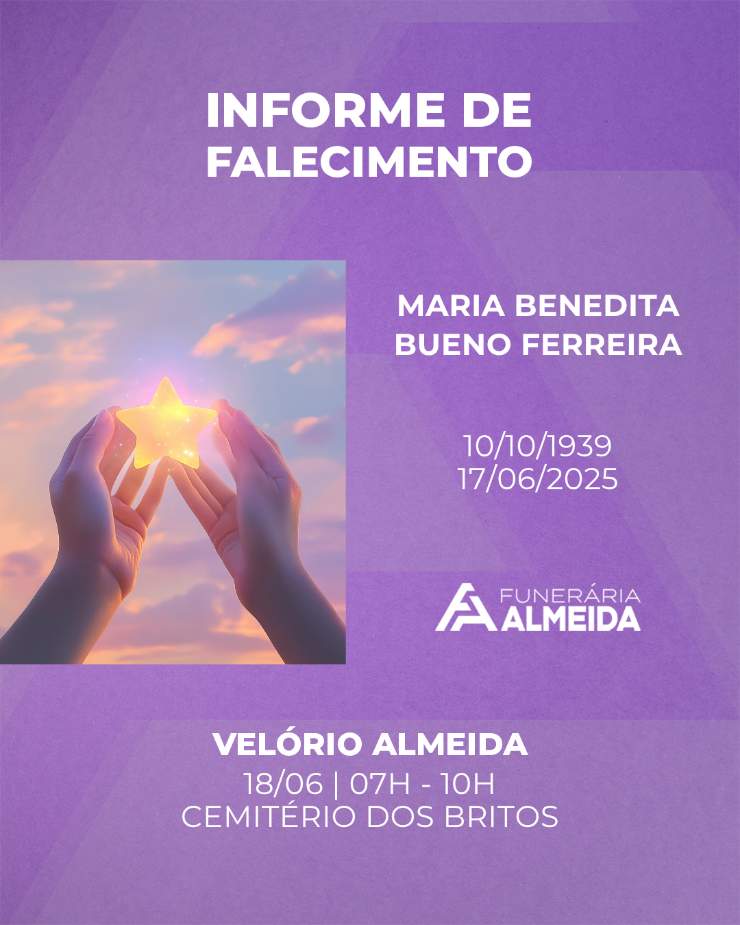 COMUNICAMOS O FALECIMENTO DA SRA.MARIA BENEDITA BUENO FERREIRA