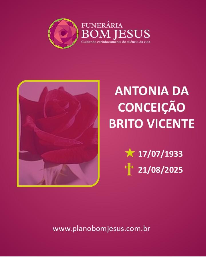 A Funerária Bom Jesus comunica o falecimento da Sra. Sra ANTONIA DA CONCEIÇÃO BRITO VICENTE