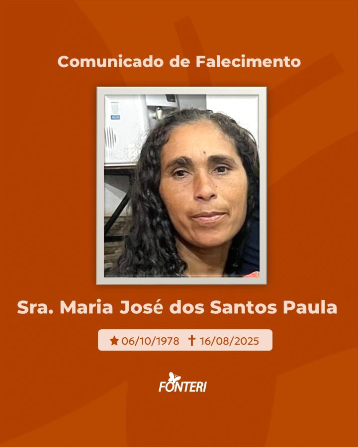 Comunicamos o falecimento da sra. Maria José dos Santos de Paula (Pastora Maria)