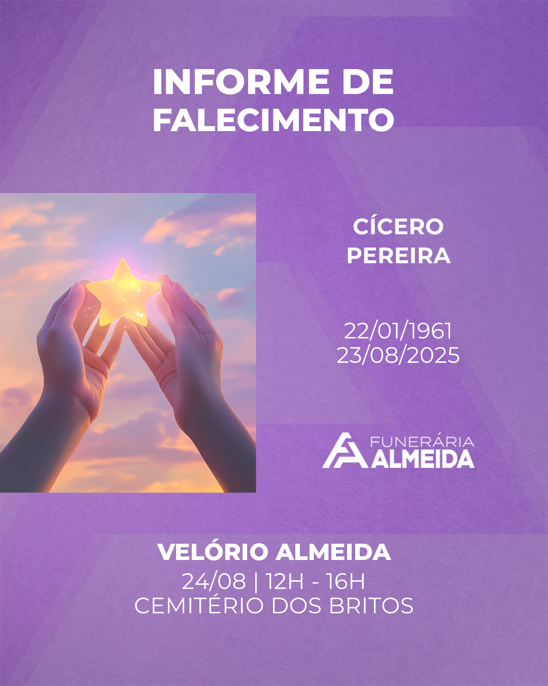 Funerária Almeida comunica o falecimento do SR. CÍCERO PEREIRA