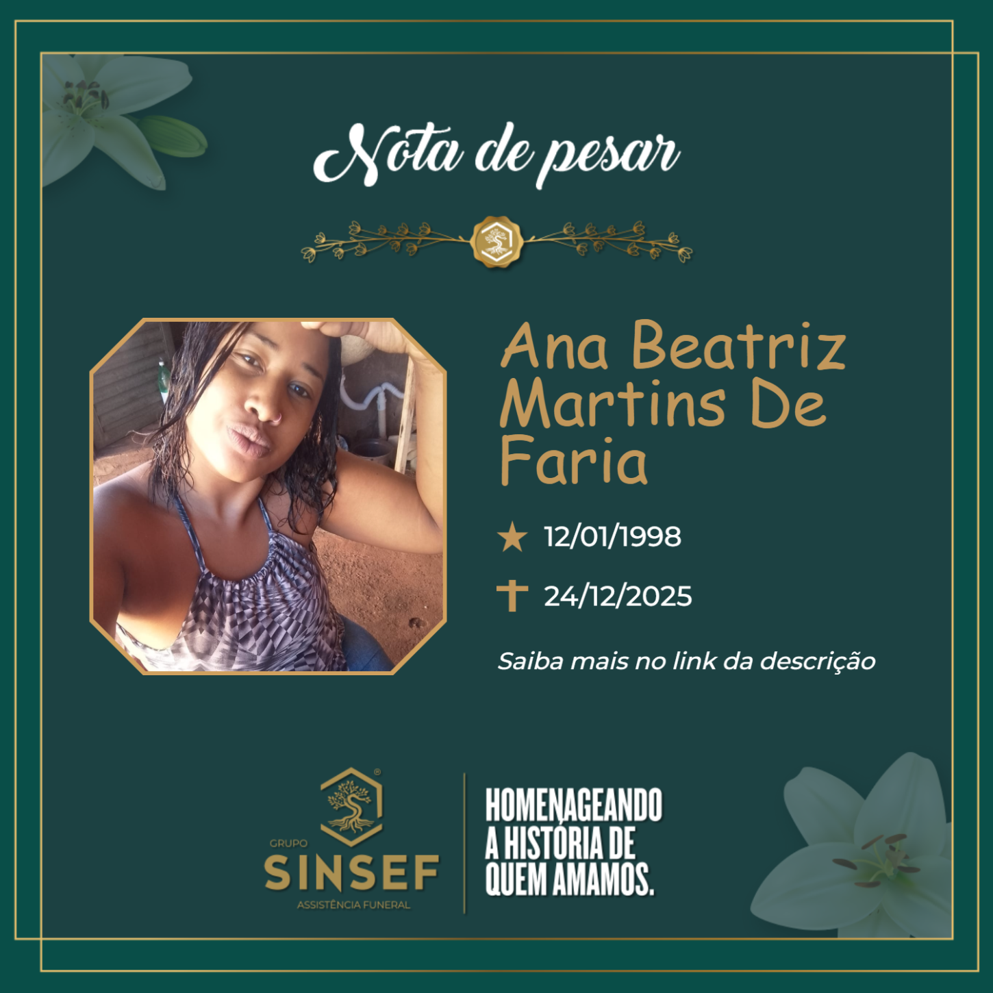 O Grupo Sinsef se despede da Sra. Ana Beatriz Martins de Faria