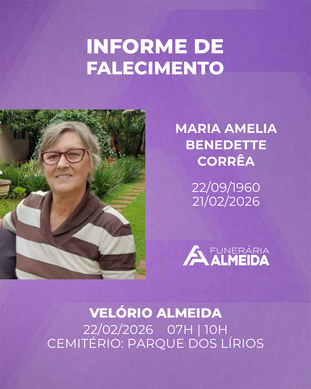 Funerária Almeida comunica o falecimento da SRA. MARIA AMELIA BENEDETTE CORRÊA