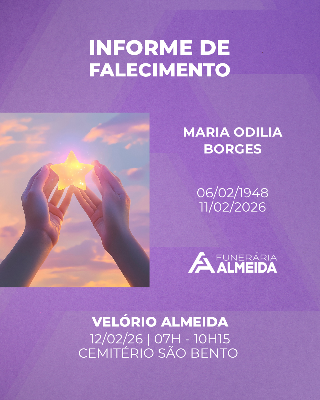 Funerária Almeida comunica o falecimento da SRA. MARIA ODILIA BORGES