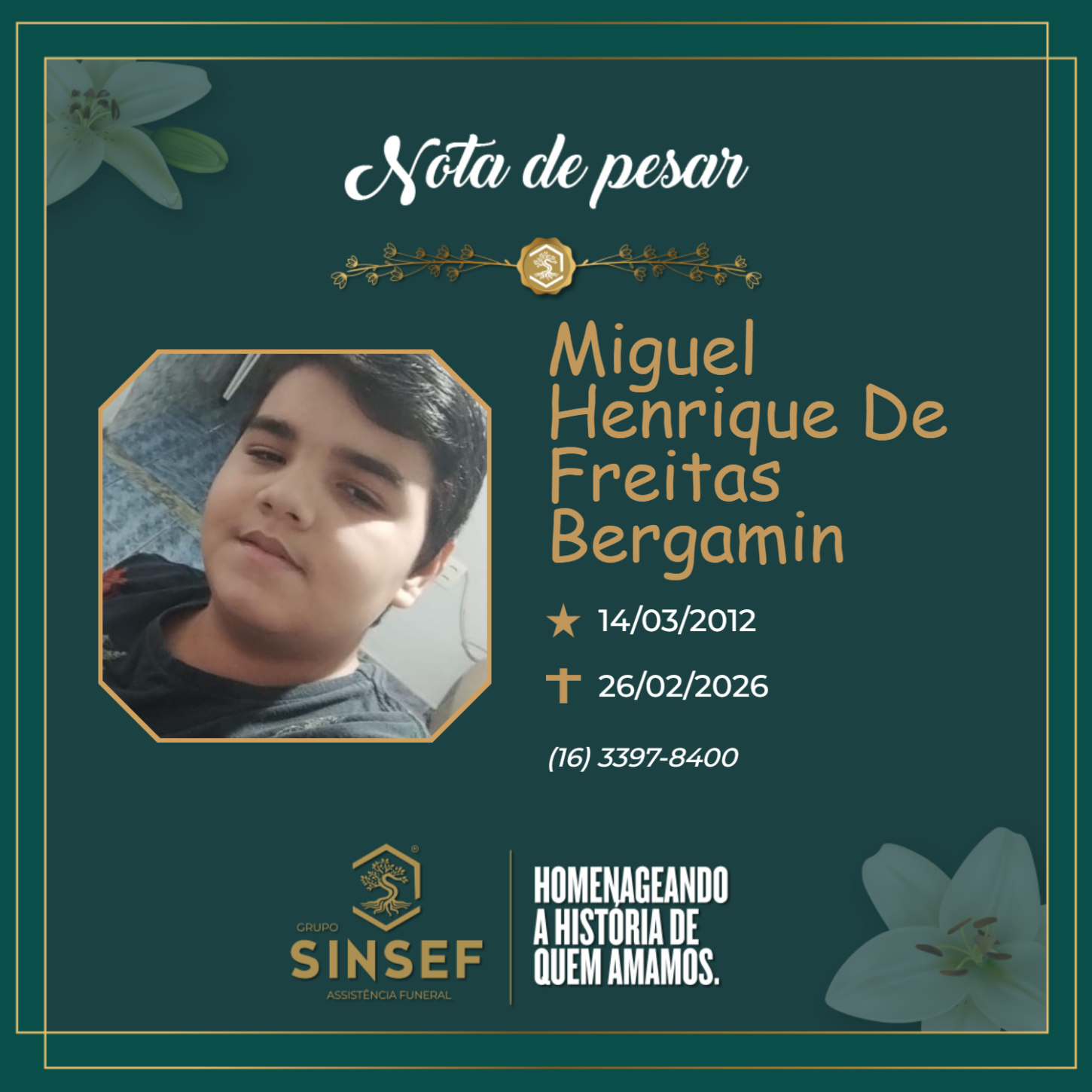 O Grupo Sinsef se despede do Anjo Miguel Henrique de Freitas Bergamin.