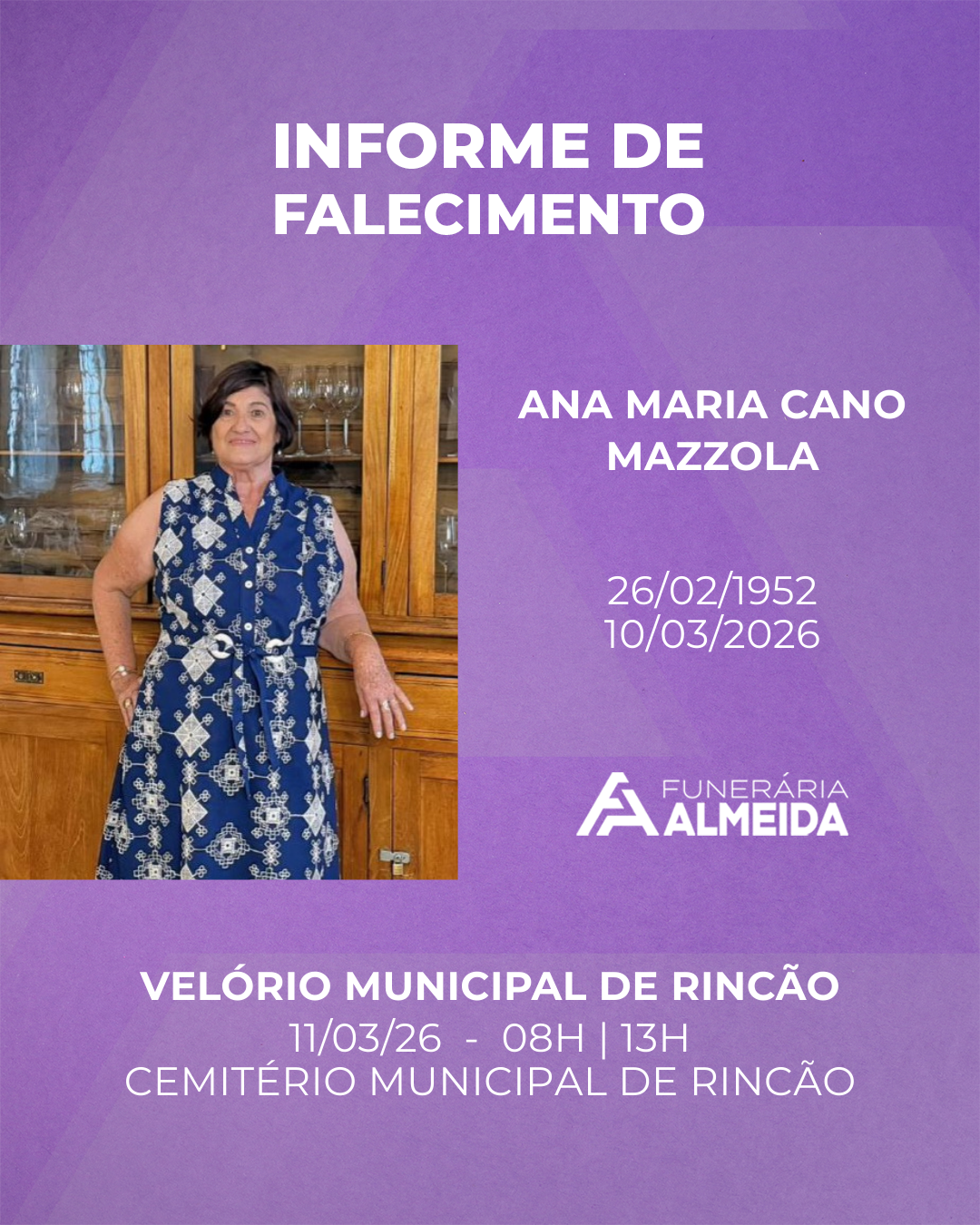 Comunicamos o falecimento da SRA. ANA MARIA CANO MAZZOLA