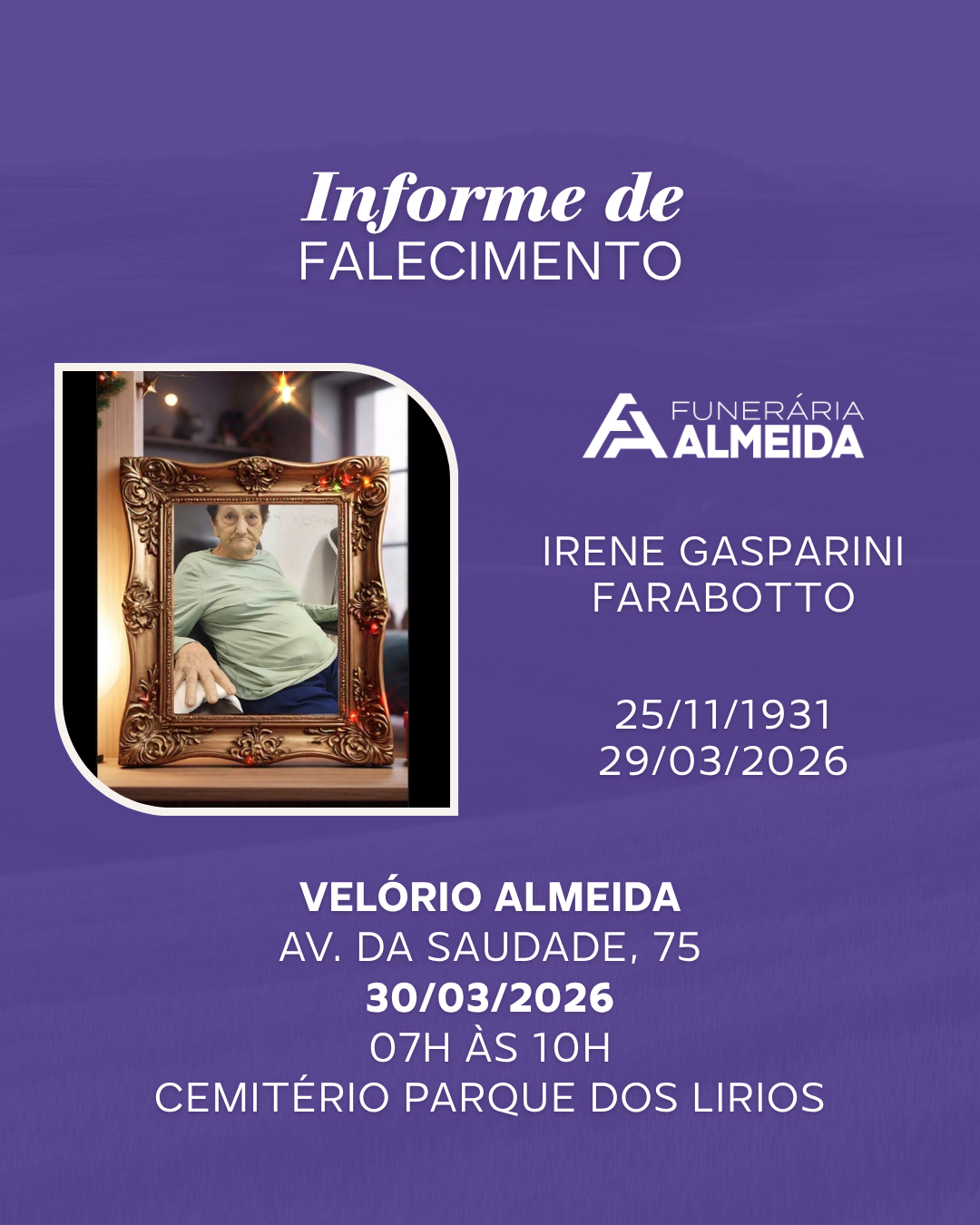 COMUNICAMOS O FALECIMENTO DA SRA. IRENE GASPARINI FARABOTTO