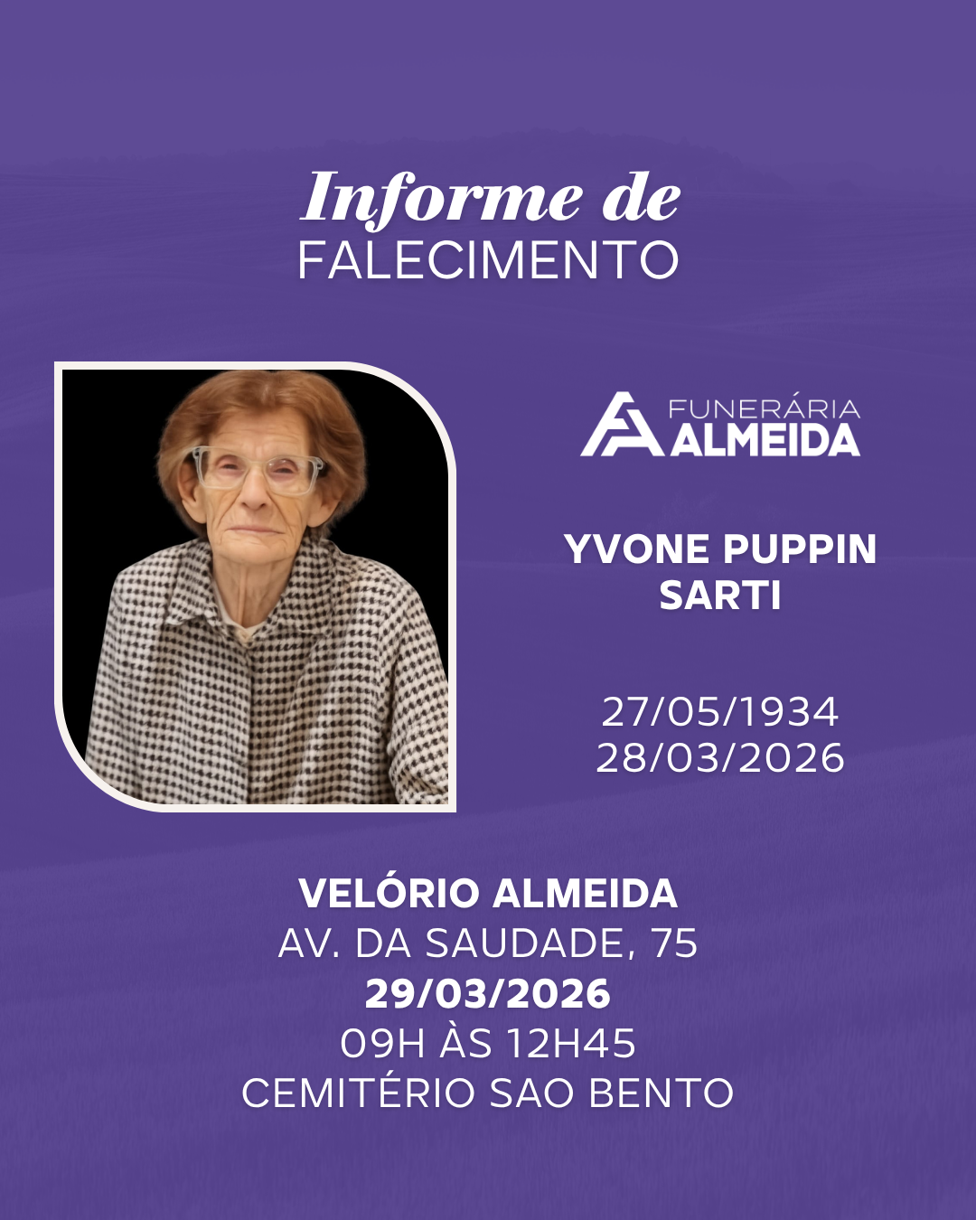 COMUNICAMOS O FALECIMENTO DA SRA. YVONE PUPPIN SARTI