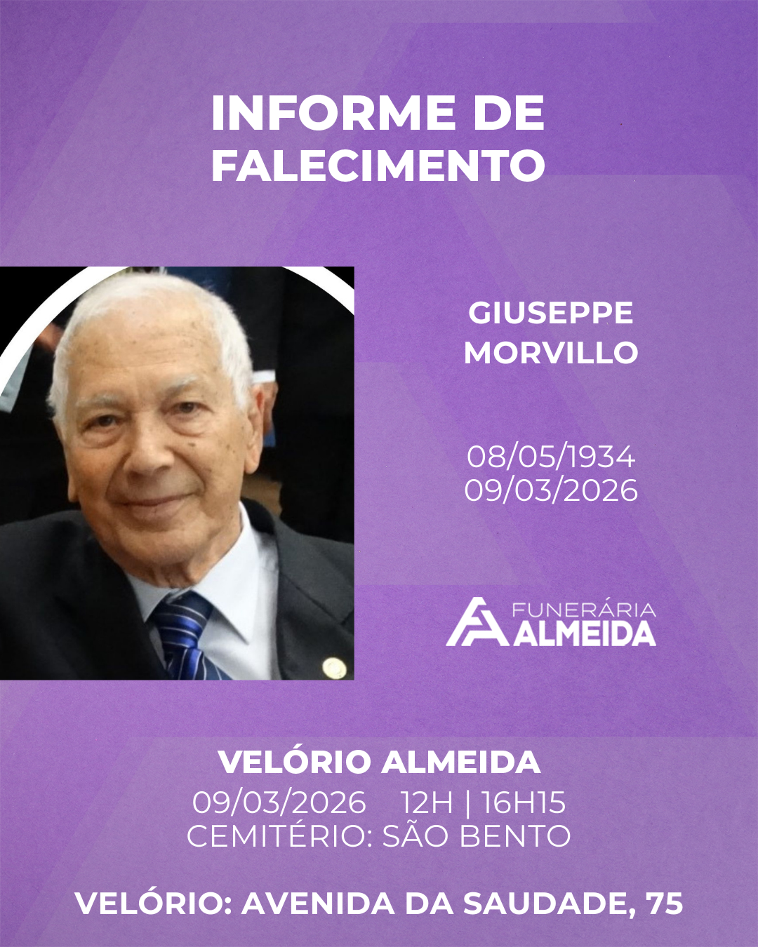 Comunicamos o falecimento do SR. GIUSEPPE MORVILLO