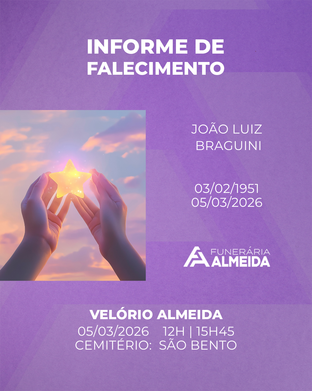 Comunicamos o falecimento do SR. JOÃO LUIZ BRAGUINI 