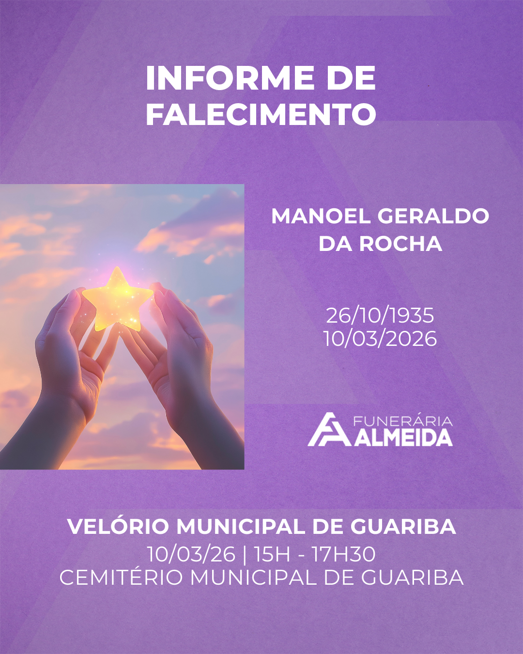 Comunicamos o falecimento do SR. MANOEL GERALDO DA ROCHA