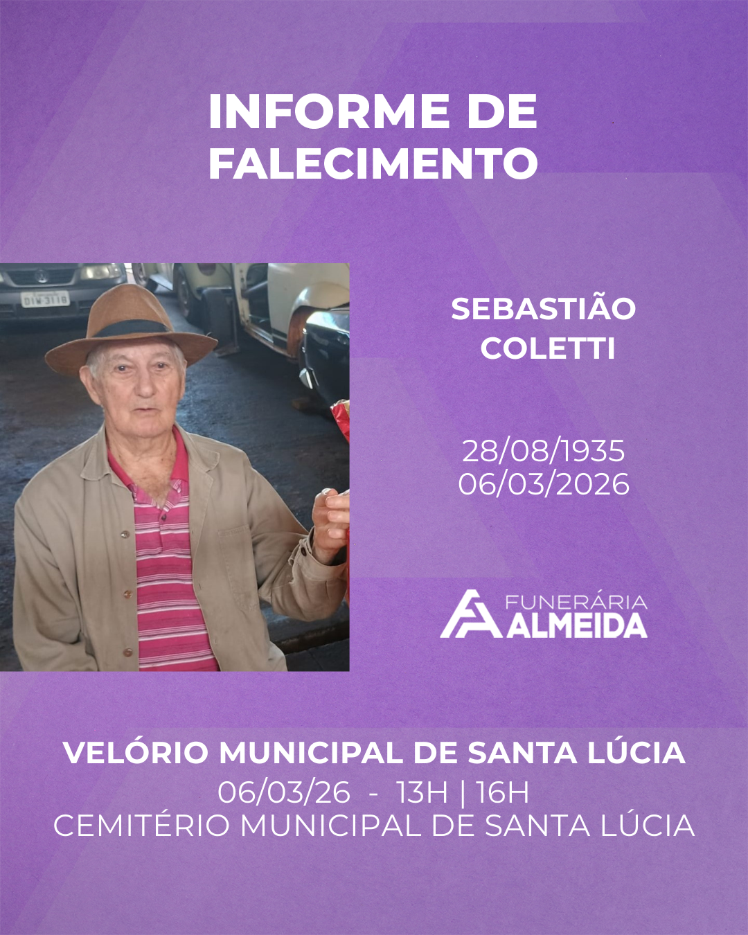 Comunicamos o falecimento do SR.SEBASTIÃO COLETTI