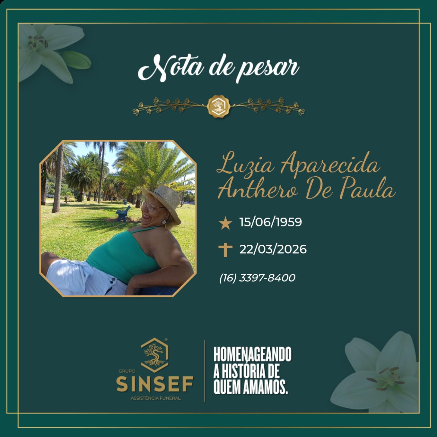 O Grupo Sinsef se despede da Sra. Luzia Aparecida Anthero de Paula 