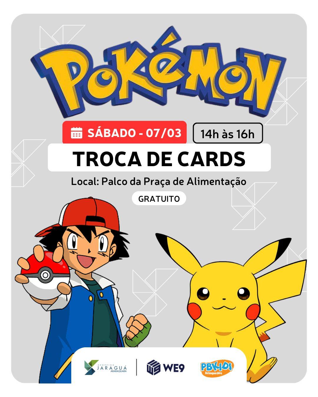Shopping Jaraguá Araraquara promove encontro gratuito para troca de cards de Pokémon em parceria com a PBKIDS