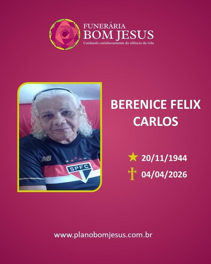 A Funerária Bom Jesus comunica o falecimento da Sra BERENICE FELIX CARLOS 