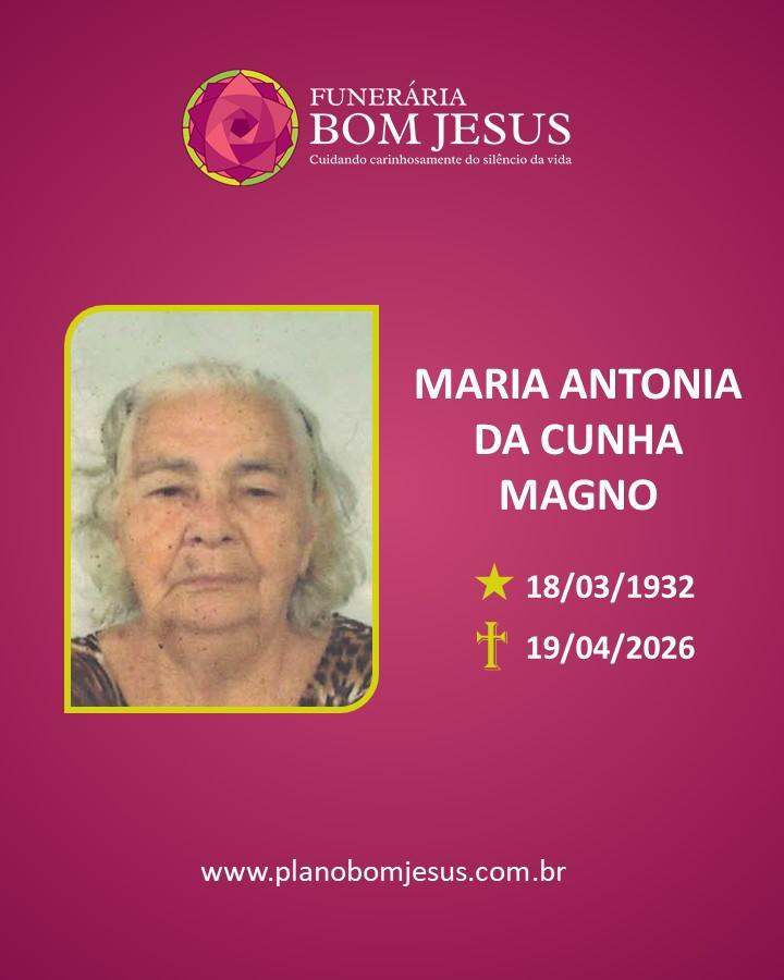 A Funerária Bom Jesus comunica o falecimento da Sra MARIA ANTONIA DA CUNHA MAGNO